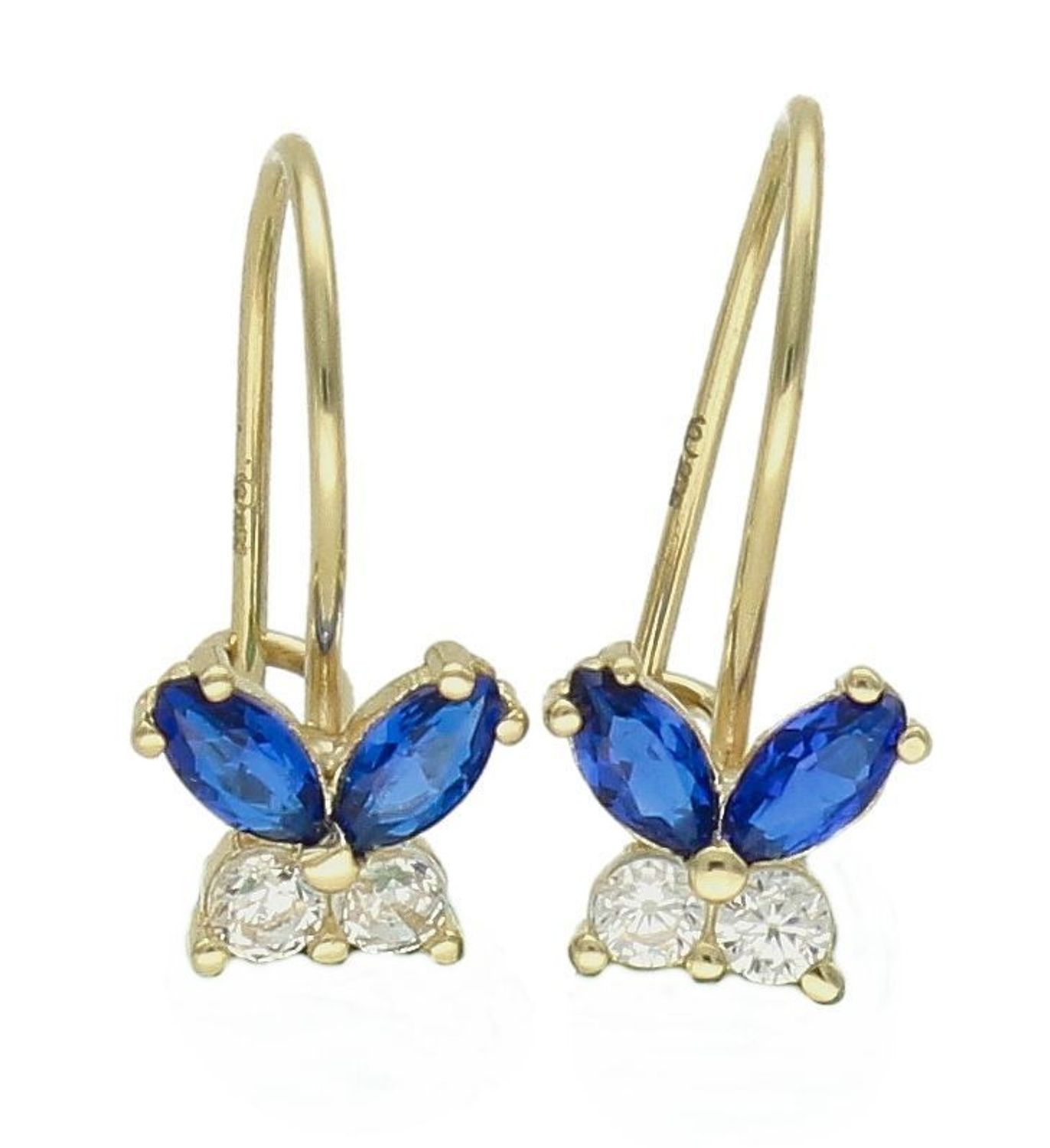 Złote kolczyki 375 motylki z niebieską cyrkonią KL 6773C 375. Złote kolczyki wykonane z najwyższej jakości żółtego złota, próba 375, waga około 0,68 gram. Kolczyki w minimalistycznym stylu, wpisujące się w obecne trendy modowe. Ideal.jpg